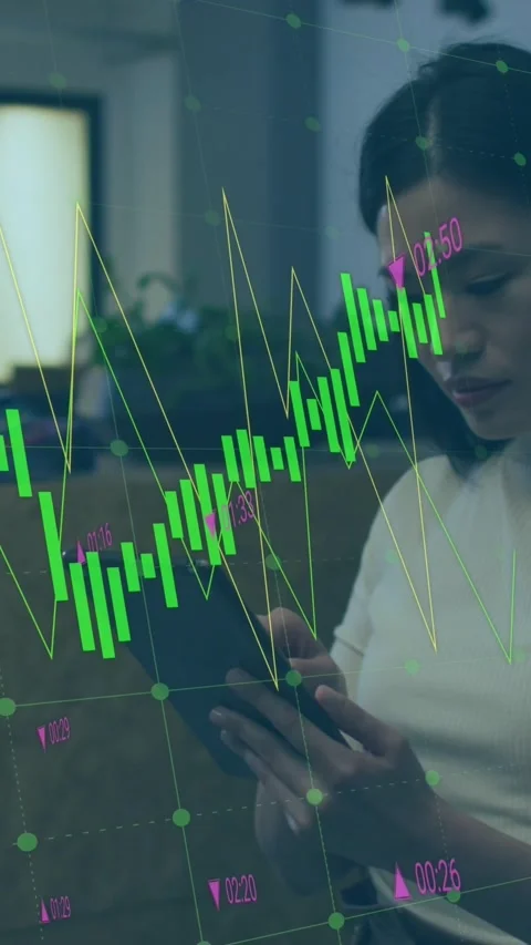 Animation of financial data processing over businesswoman Stock Footage 344614014