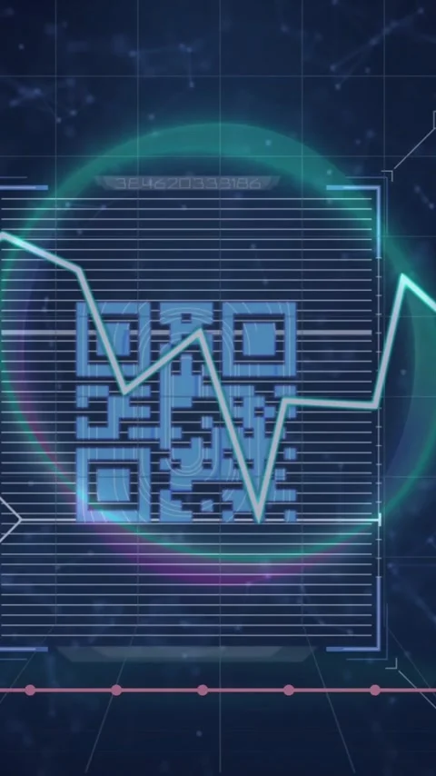Animation of financial data processing over qr code Vídeos de archivo 344614489