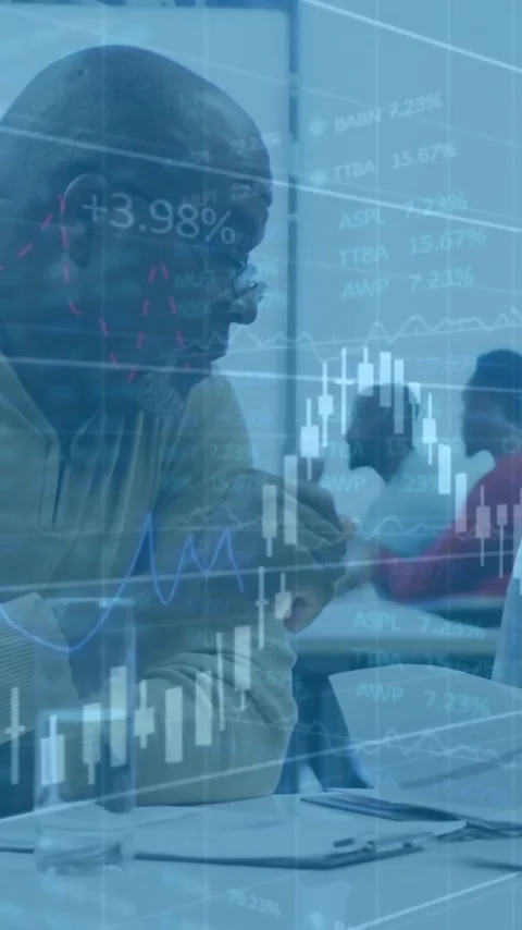 Animation of financial data processing over diverse colleagues discussing work Stock Footage 344614525