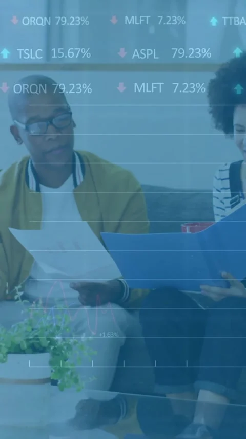 Animation of financial data processing over diverse business people in office Stock Footage 344614558