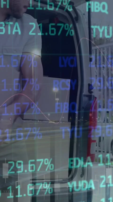 Animation of financial data processing over delivery man and van Stock Footage 344635692