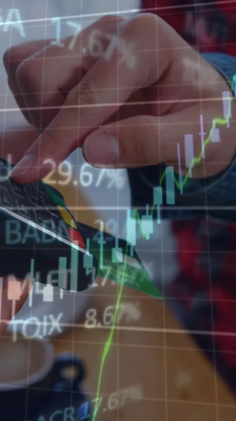 Animation of financial data processing over mid section of person using credit Stock Footage 344635900