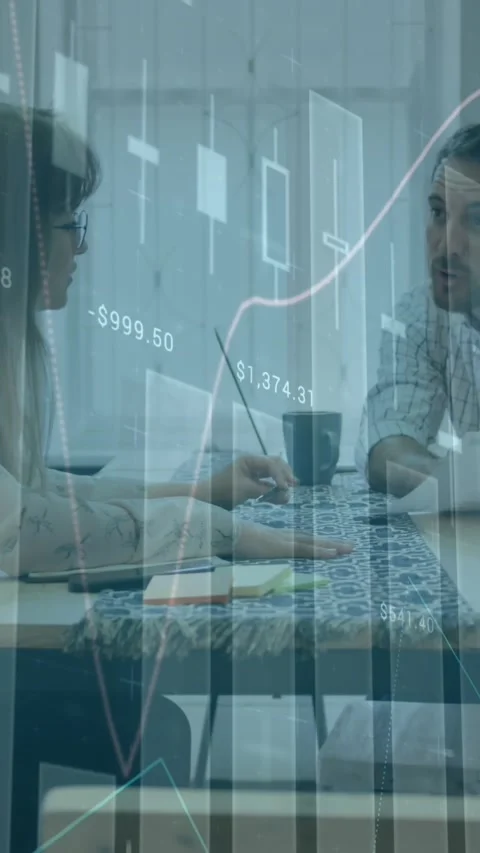 Animation of financial data processing over diverse business people in office Stock Footage 344693867