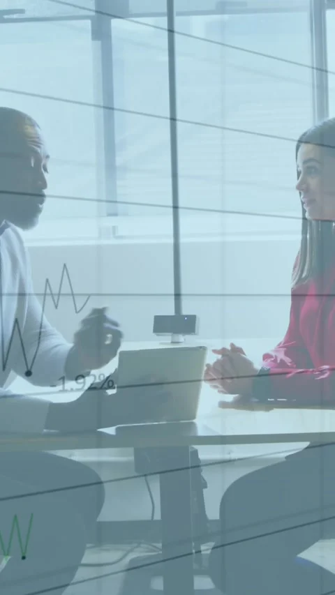 Animation of financial data processing over diverse business people in office Stock Footage 344693869