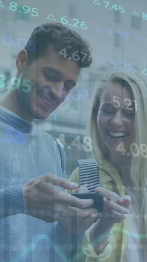 Animation of financial data processing over caucasian people using smartphone Stock Footage 344693880