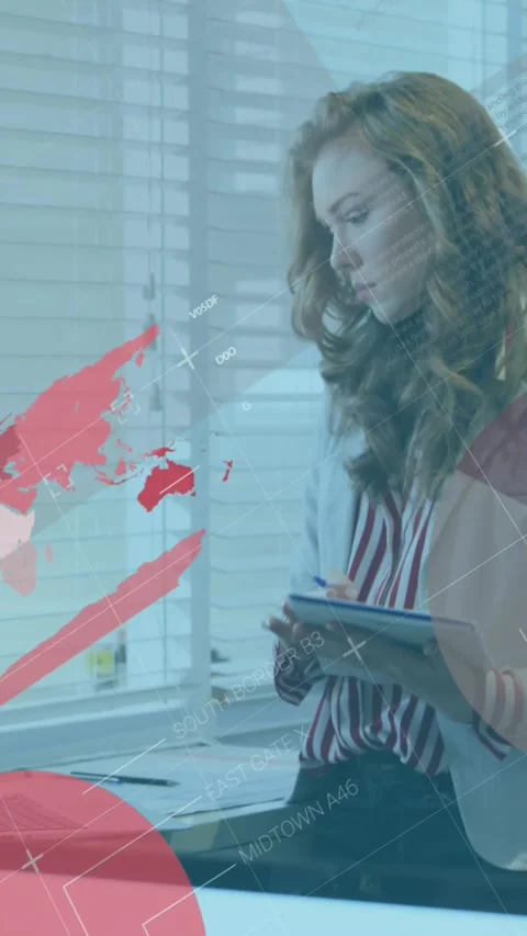 Animation of financial data processing over caucasian businesswoman in office Stock Footage 344693883