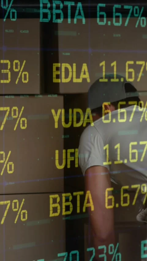 Animation of financial data processing over delivery man and van Stock Footage 344706143