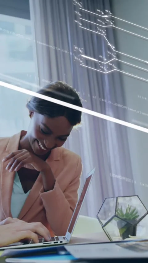 Animation of financial data processing over diverse business people working in Stock Footage 344706265