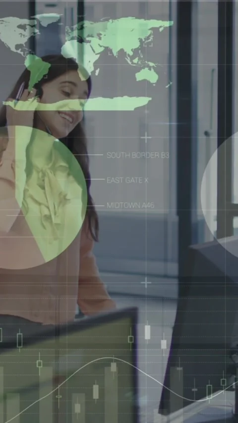 Animation of financial data processing over caucasian businesswoman in office Stock Footage 344706706