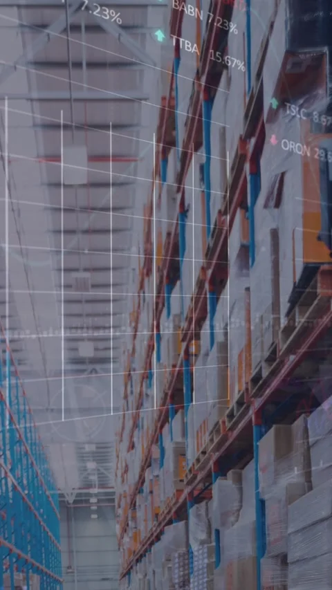 Animation of financial data processing over empty warehouse Stock Footage 344722426