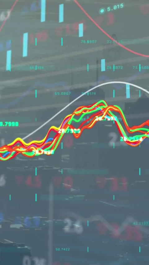 Animation of financial data processing over cityscape Stock Footage 344722694