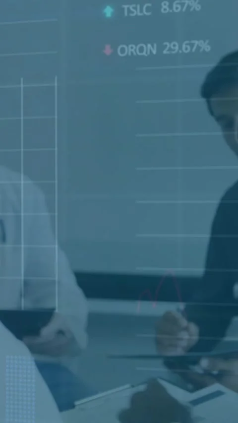 Animation of financial data processing over team of diverse doctors discussing Stock Footage 344722901