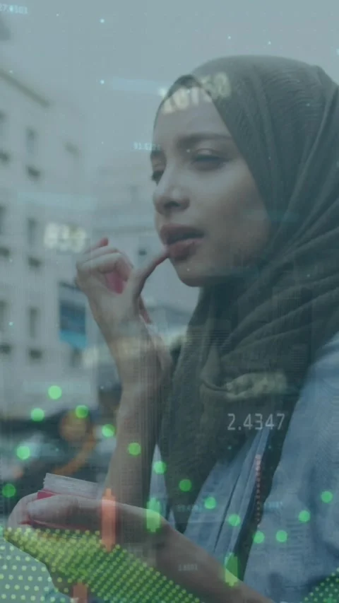 Animation of financial data processing over woman using smartphone Stock Footage 344723625