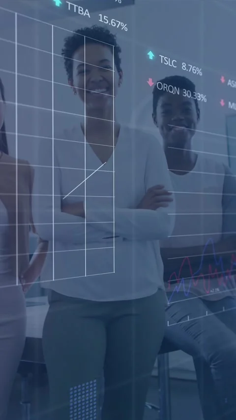 Animation of financial data processing over diverse people in office Stock Footage 344723640