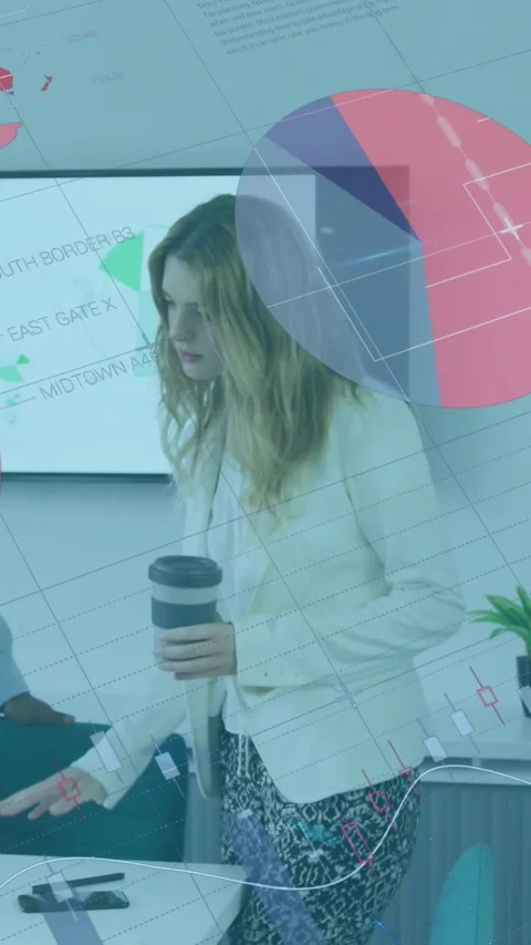 Animation of financial data processing over diverse business people in office Stock Footage 344723646