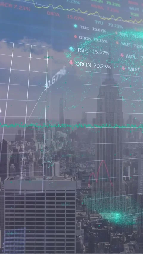 Animation of financial data processing over cityscape Stock Footage 344745548