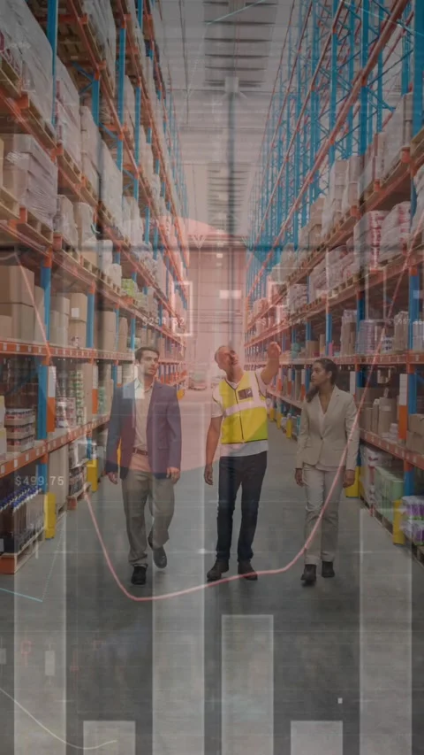 Animation of financial data processing over men in warehouse Stock Footage 344745589