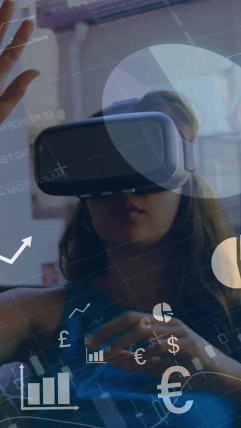 Animation of financial data processing over woman wearing vr headset Stock Footage 344745603