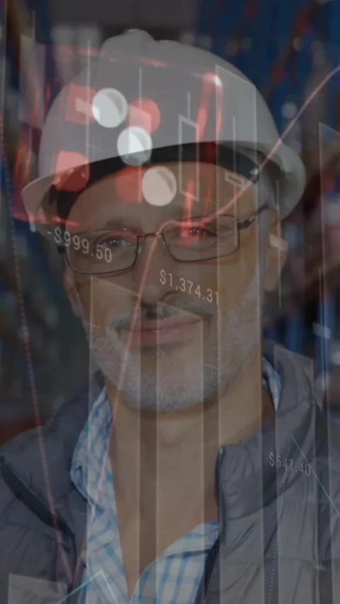 Animation of financial data processing over worker in warehouse Stock Footage 344745921