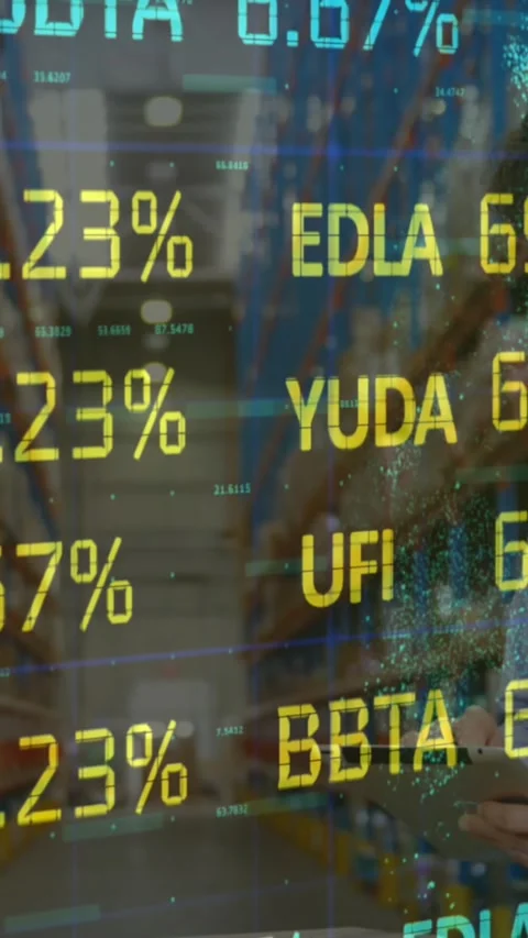 Animation of financial data processing over man with tablet working in warehouse Stock Footage 344745924
