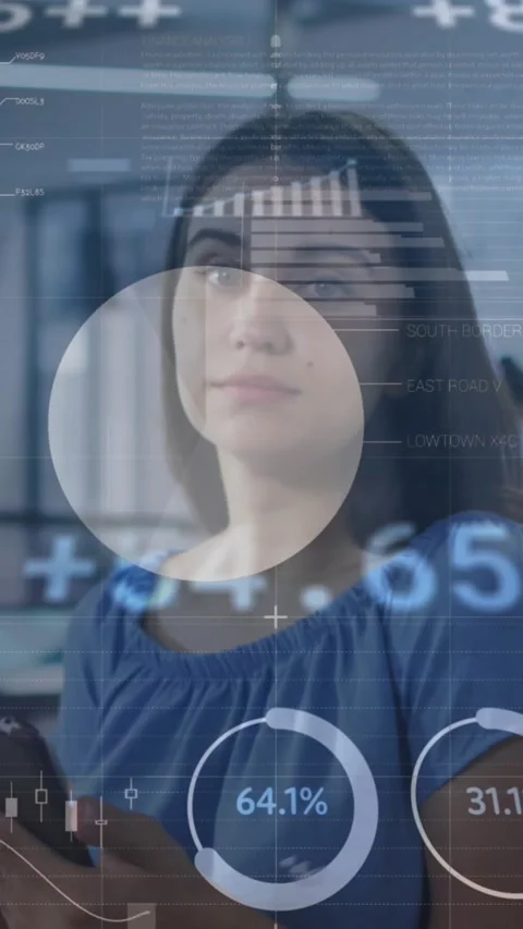 Animation of financial data processing over caucasian businesswoman in office Stock Footage 344746223