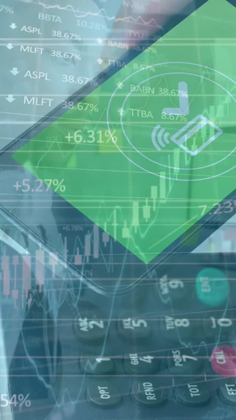 Animation of financial data processing over smartphone and payment terminal Stock Footage 344765674