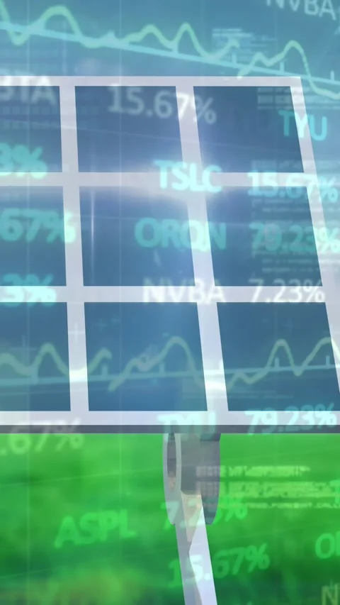 Animation of financial data processing over solar panel on grass and blue Stock Footage 344765693