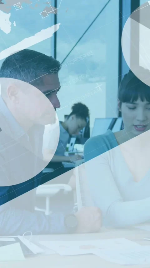 Animation of financial data processing over diverse business people in office Stock Footage 344765818