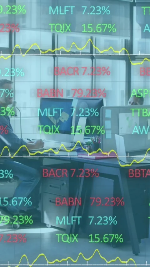 Animation of financial data processing over diverse business people in office Stock Footage 344765844