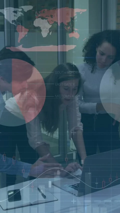 Animation of financial data processing over diverse business people in office Stock Footage 344766261