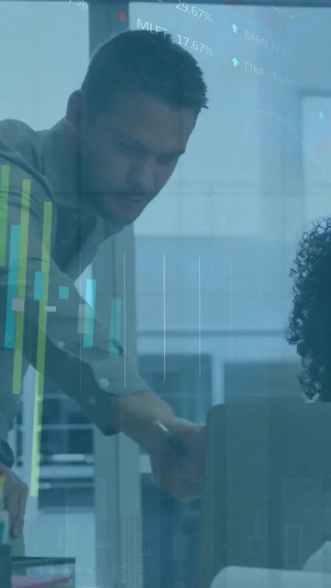 Animation of financial data processing over diverse business people in office Stock Footage 344766263