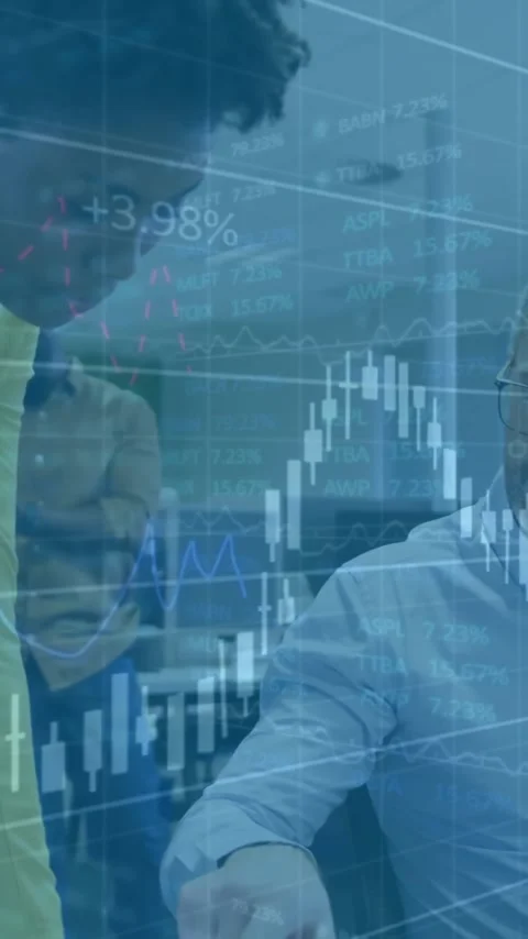 Animation of financial data processing over diverse business people in office Stock Footage 344766287