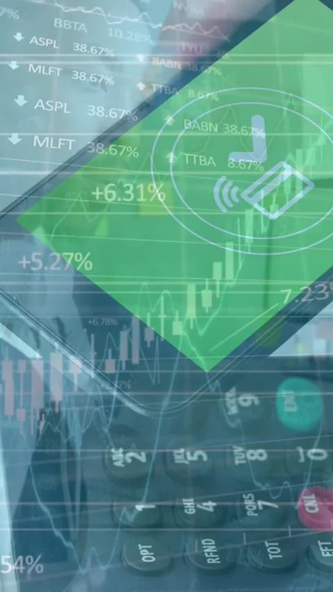Animation of financial data processing over smartphone and payment terminal Stock Footage 344774505