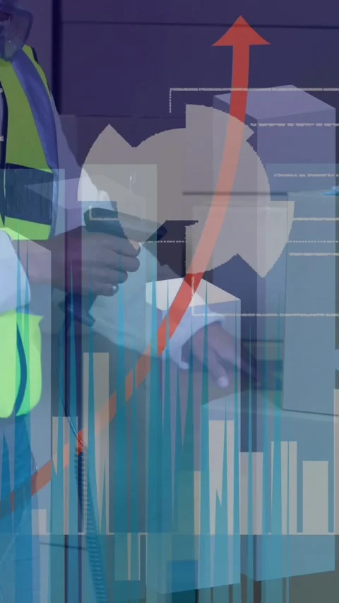 Animation of financial data processing over african american male worker in Stock Footage 344774523