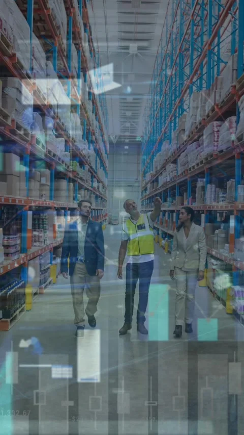 Animation of financial data processing over men working in warehouse Stock Footage 344774629