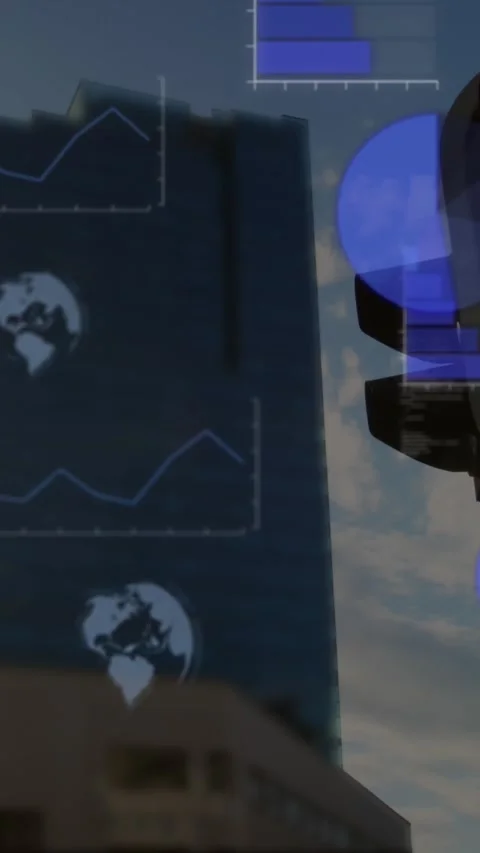 Animation of financial data processing over cityscape Stock Footage 344774733