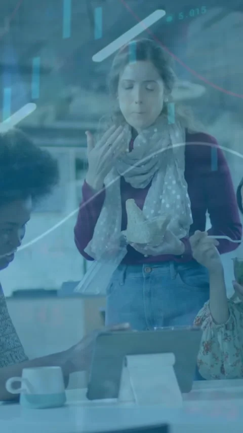 Animation of financial data processing over diverse business people in office Stock Footage 344775262