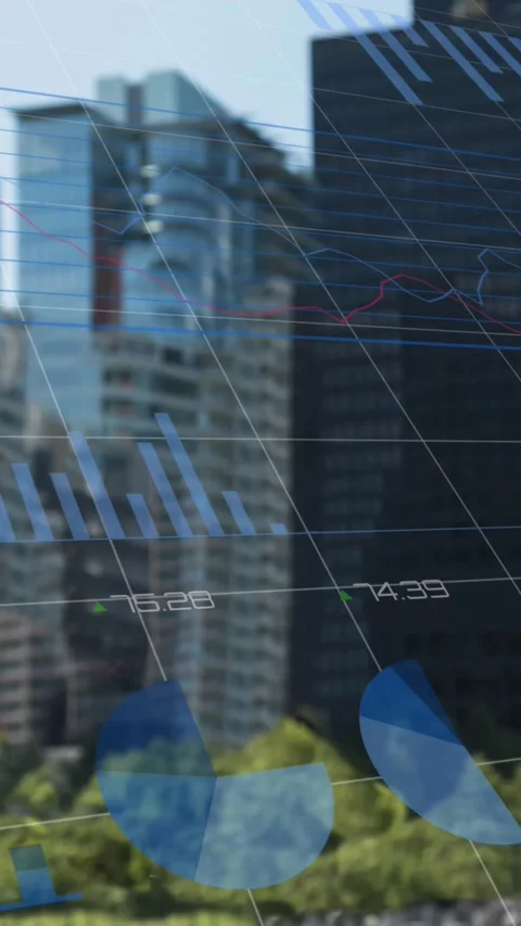Animation of financial data processing over cityscape Stock Footage 344782985