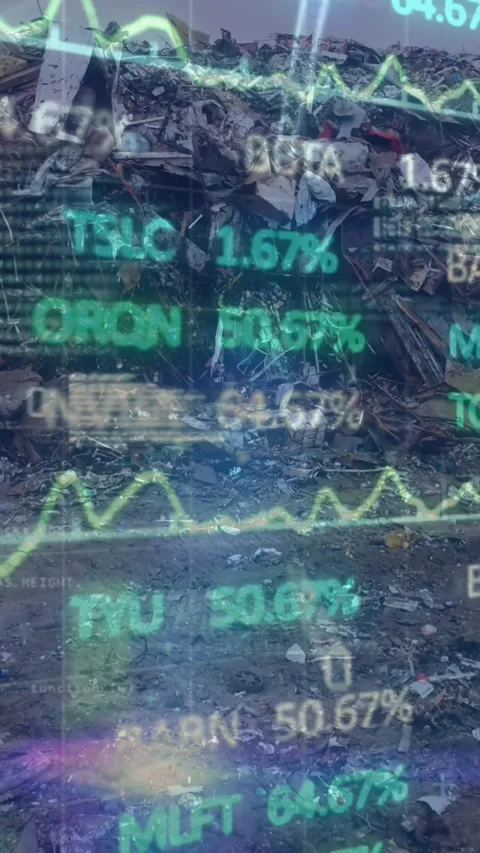 Animation of financial data processing over junkyard Stock Footage 344783042