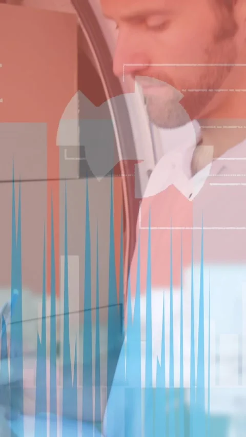 Animation of financial data processing over caucasian male worker in warehouse Stock Footage 344783068