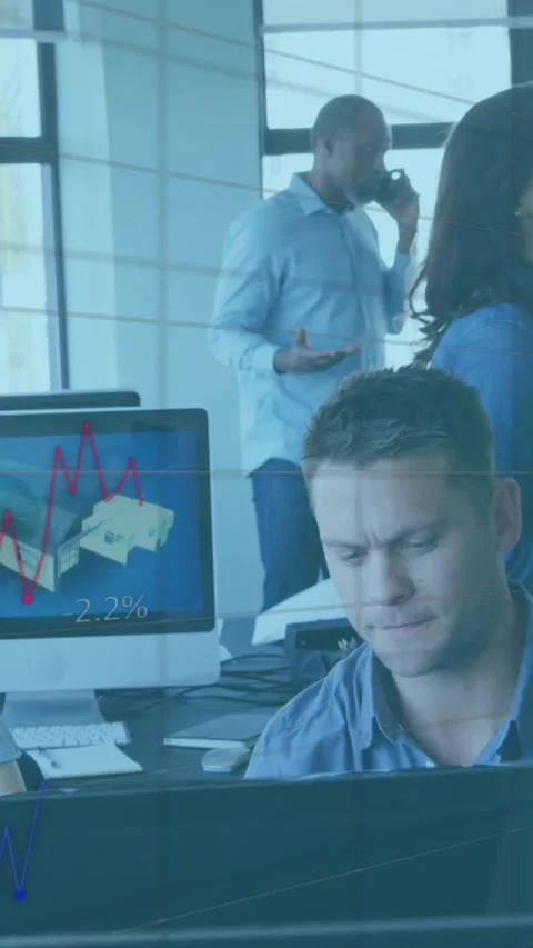 Animation of financial data processing over diverse business people in office Stock Footage 344783272
