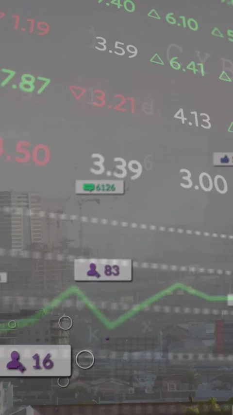 Animation of financial data processing over cityscape Vídeos de archivo 344783460