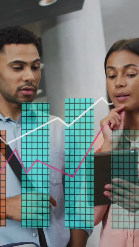 Animation of financial data processing over diverse business people in office Stock Footage 344783871