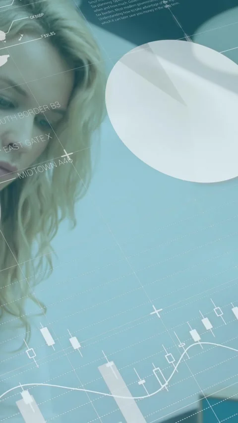 Animation of financial data processing over caucasian businesswoman in office Stock Footage 344783873