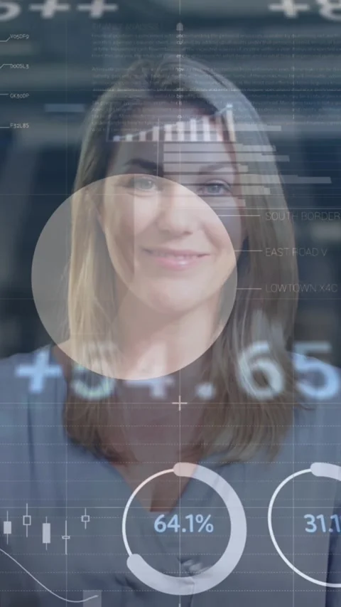 Animation of financial data processing over caucasian businesswoman in office Stock Footage 344783896