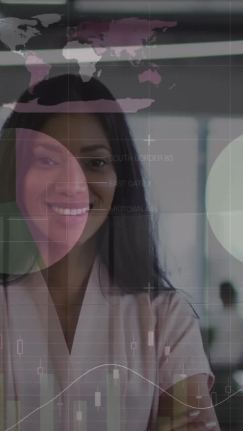 Animation of financial data processing over businesswoman in office Stock Footage 344783898