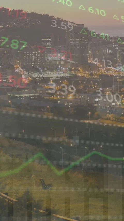 Animation of financial data processing over cityscape Vídeos de archivo 344802990