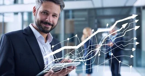 Animation of financial data processing over businessman using tablet Foto stock