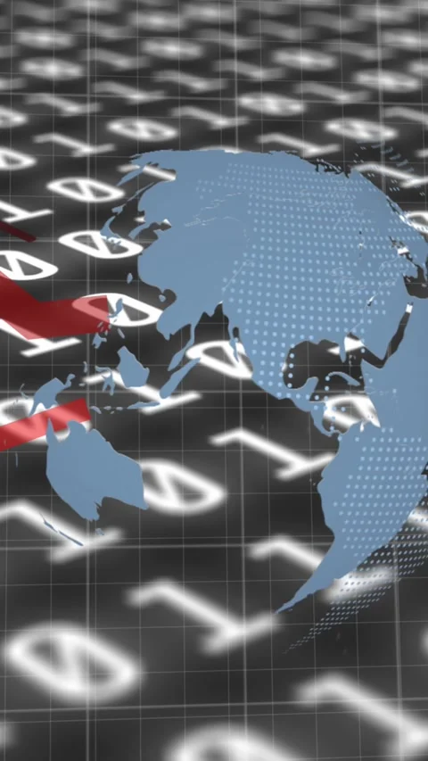 Animation of financial data processing with red lines and globe spinning over Stock Footage 342004030