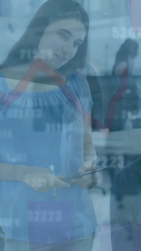 Animation of financial data processing with red line and numbers over business Stock Footage 343867471